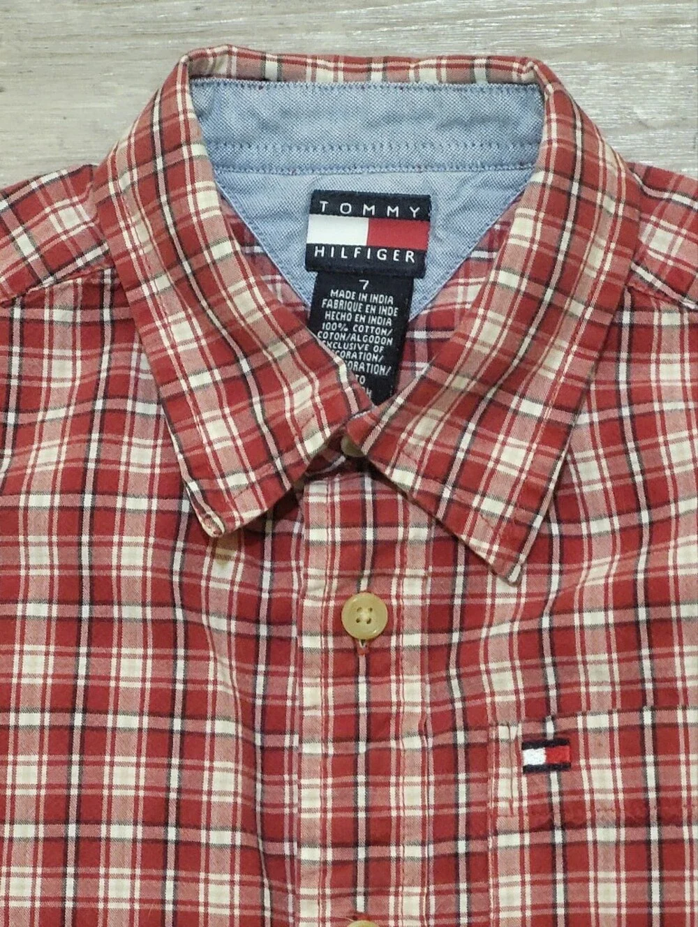 🩷Y2K Boys Tommy Hilfiger Red &White Plaid Short-Sleeve Size 7Y